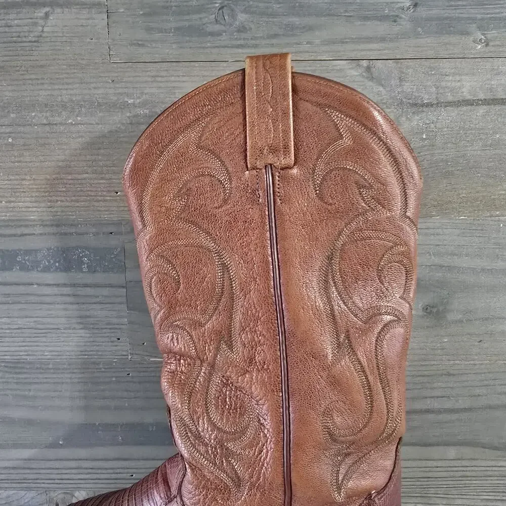 Vintage Tony Lama Brown Stitched Teju Lizard Leather Western Boots MENS SIZE 9